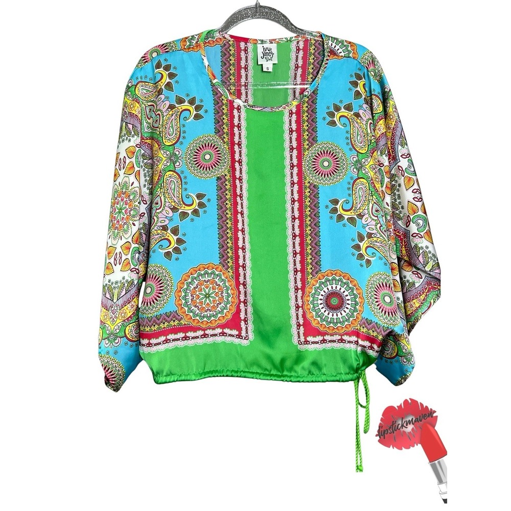 Ivy Jane Top Women Small‎ Green Multicolor Paisley Boho Peasant Shirt Crop